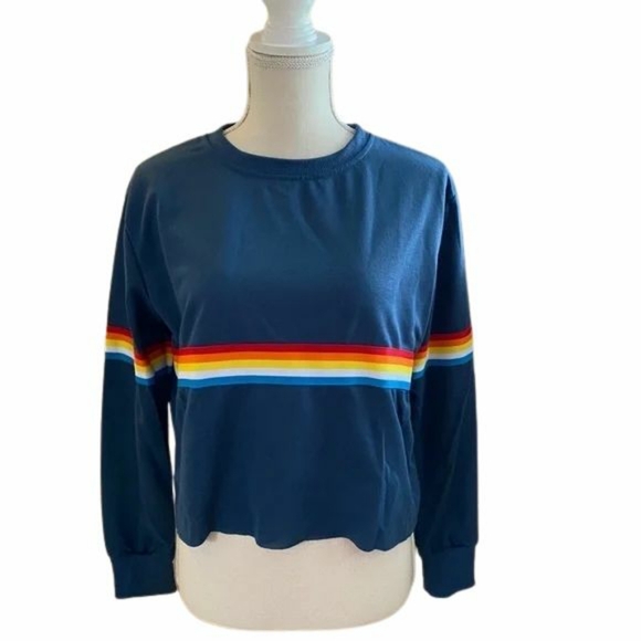 Handmade Tops - Rainbow Stripe Blue Cropped Lightweight Pride Sweatshirt, Sz L